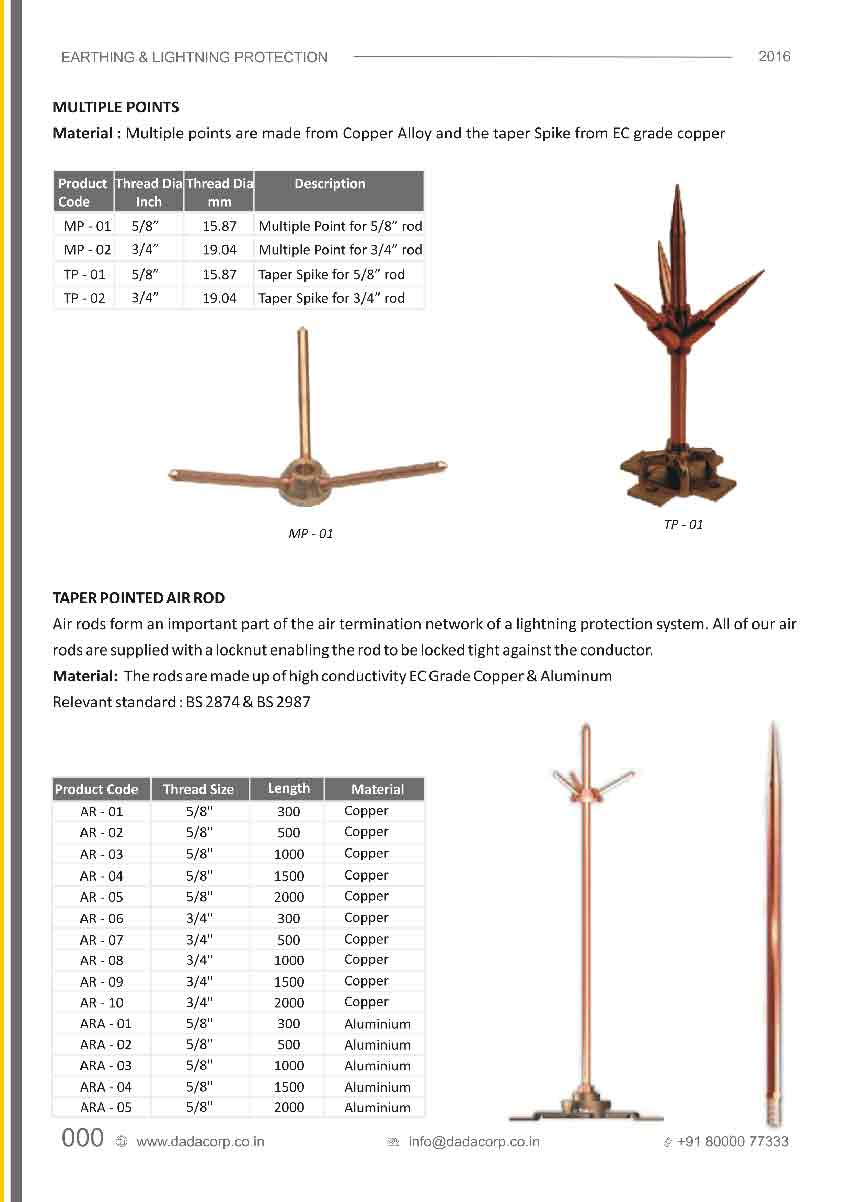 Multiple points & taper pointed air rod(copper,aluminium)